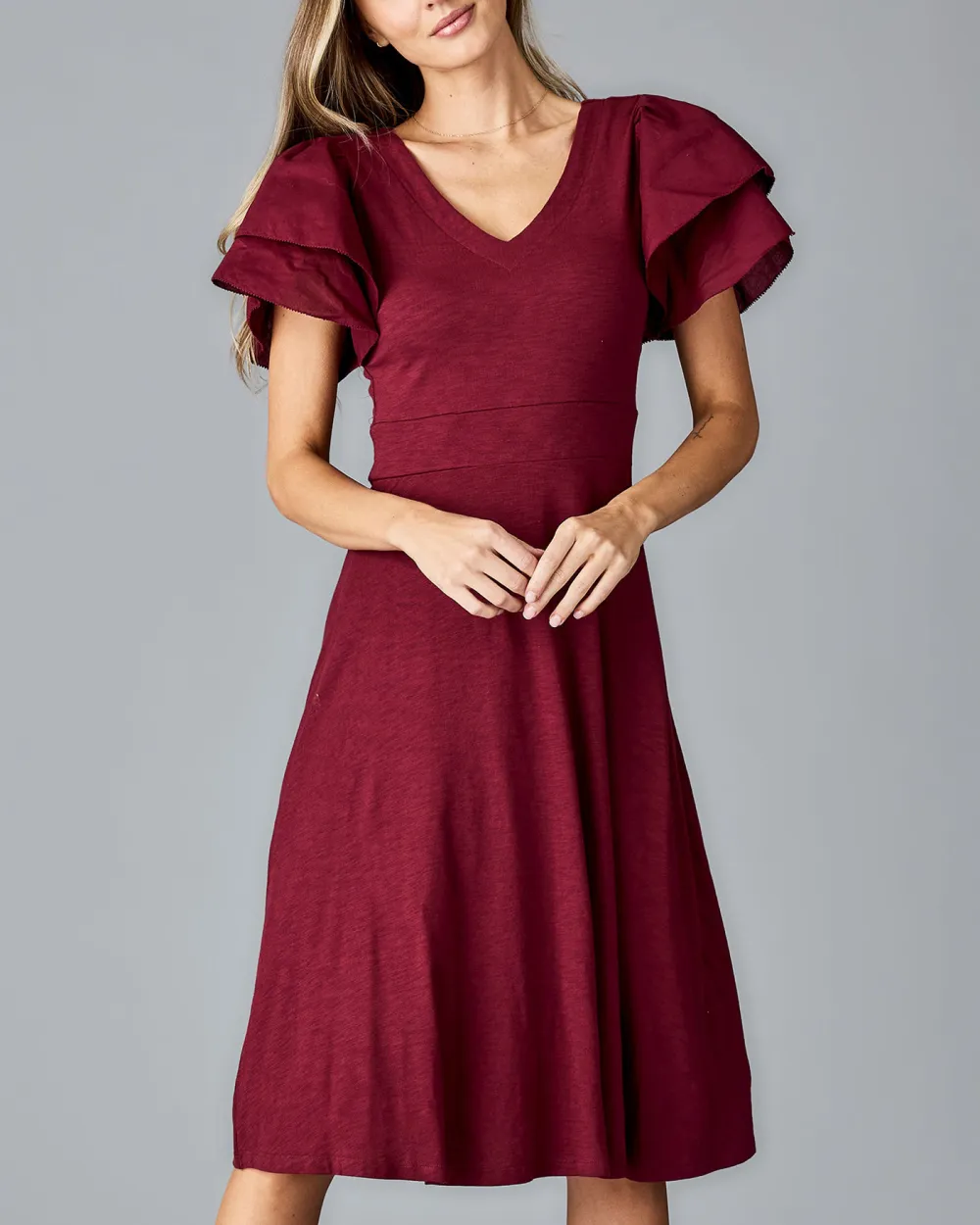 V Neck Flutter Sleeves Midi Dress
