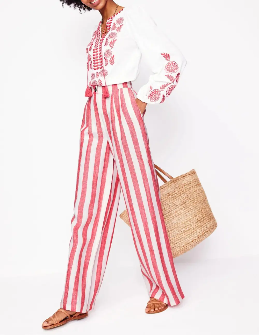Pink and White Striped Wide - Leg Linen Pants