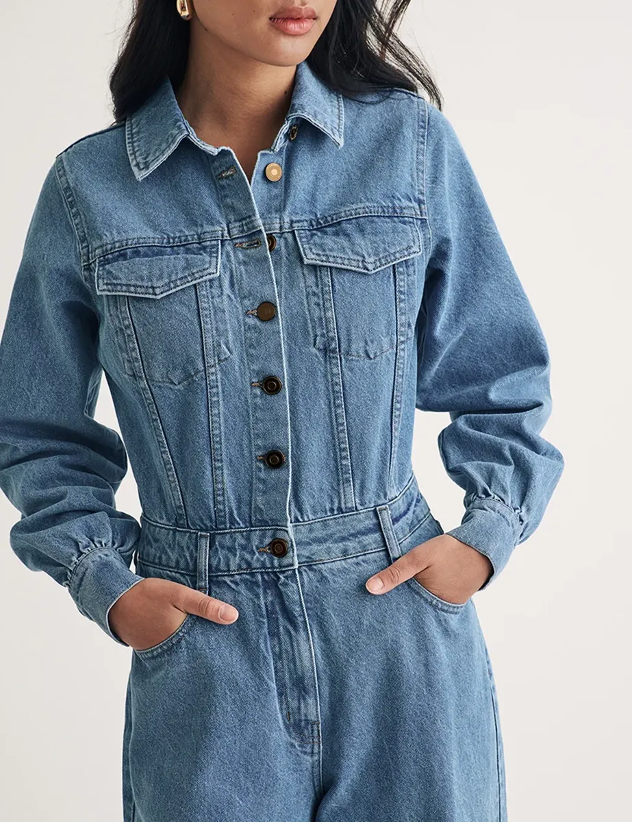 Light Wash Long Sleeve Denim Jumpsuit