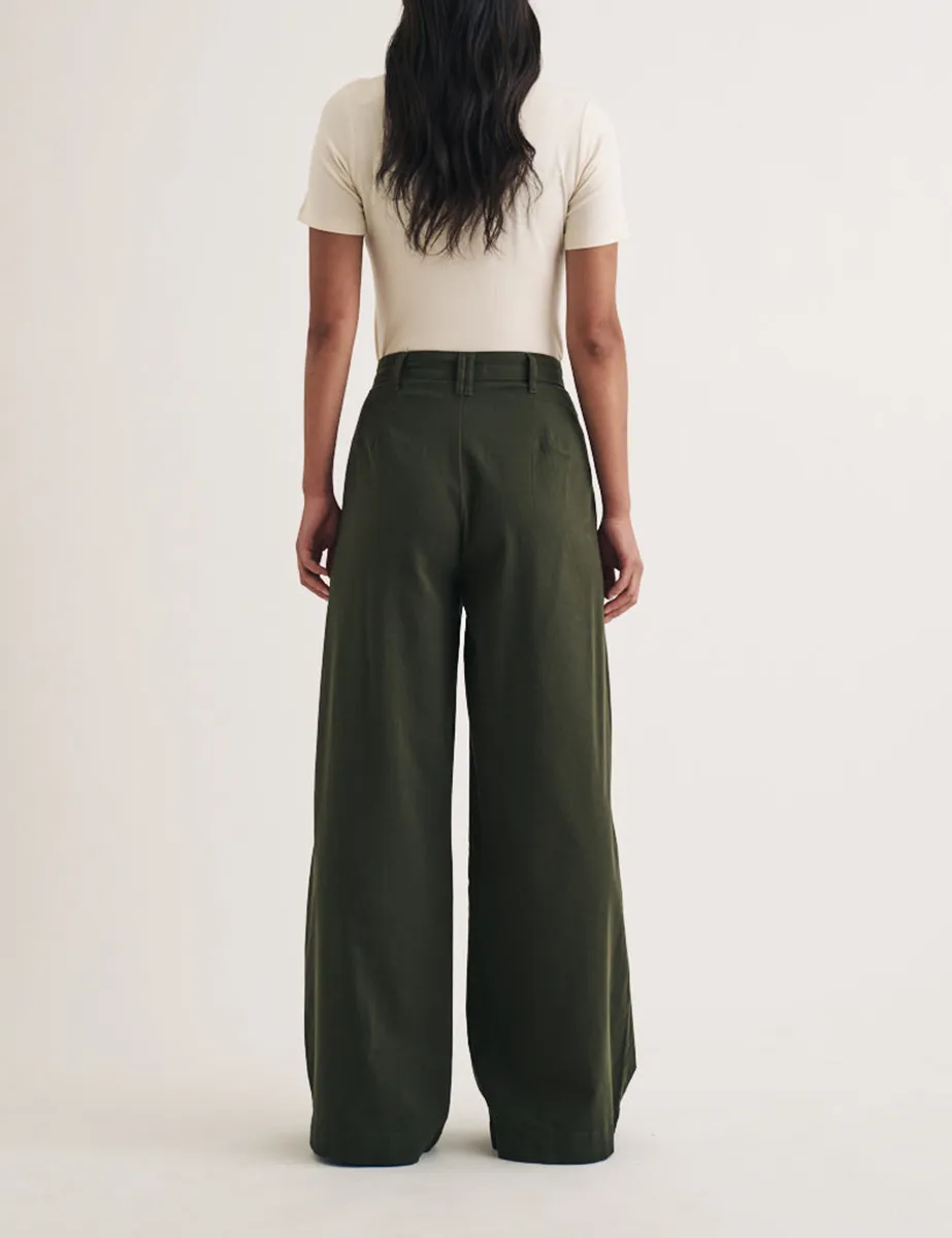 Deep Green Twill Pleated Wide Leg Trousers
