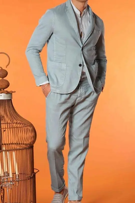 Light Blue Men's Cotton and Linen Twill Suit Jacket