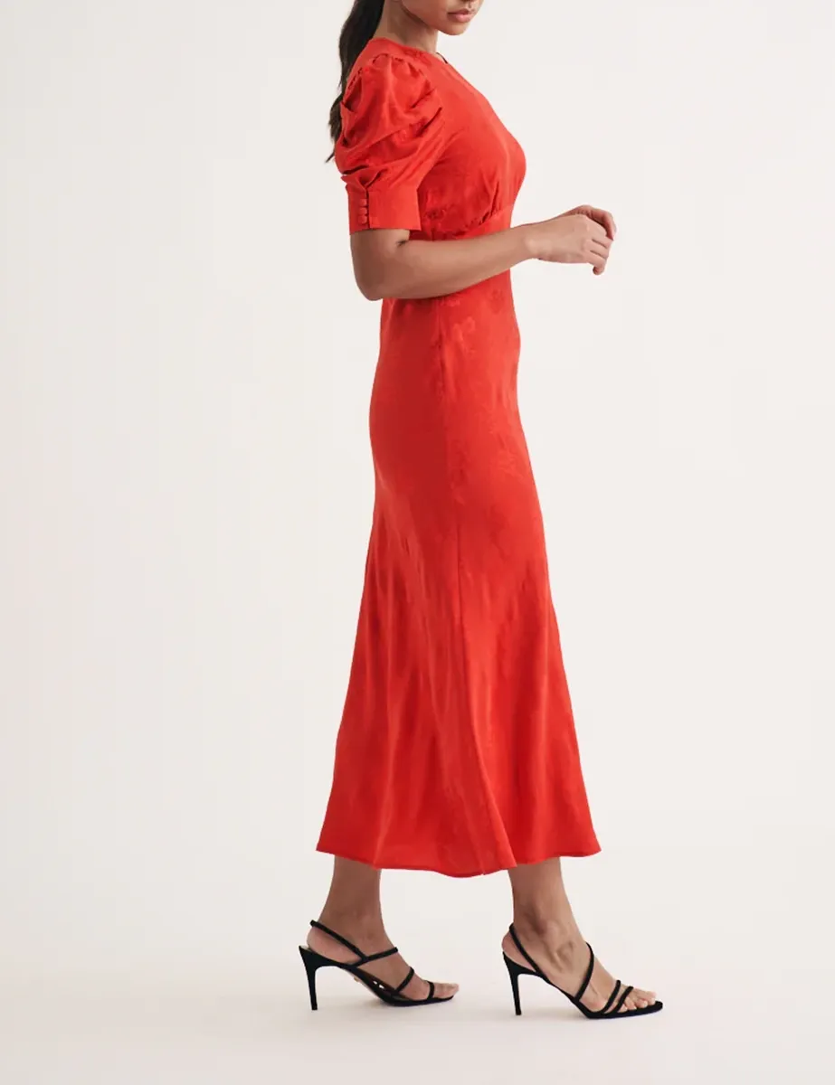 Red Brocade Puff Sleeve Midi Dress