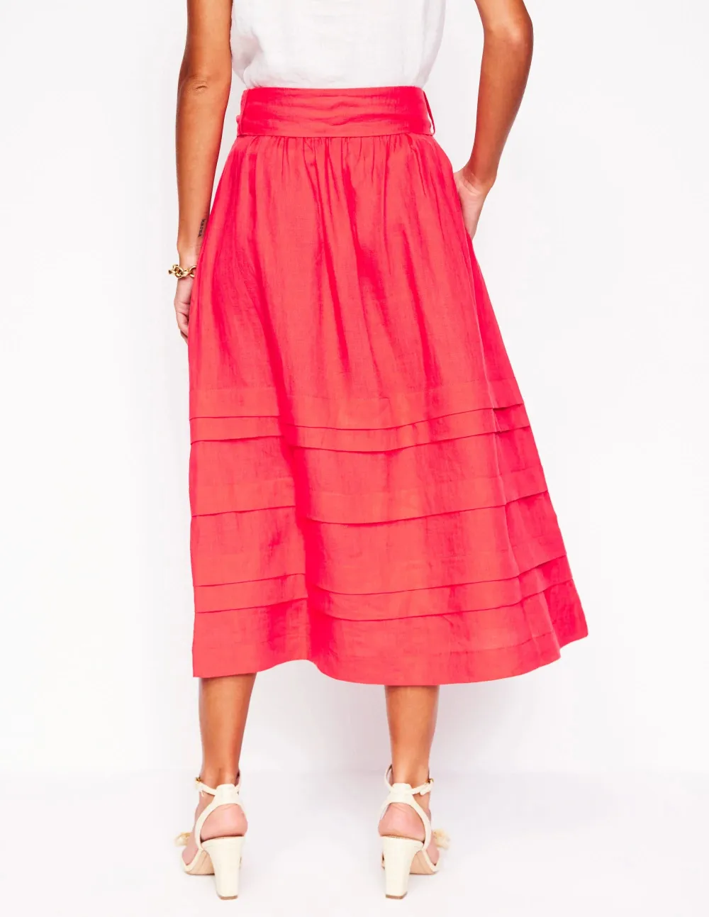 Coral Red Tiered Linen Midi Skirt
