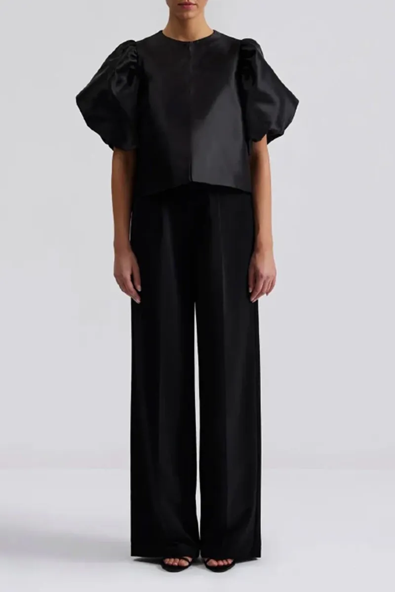 Black Pouf Sleeve Crew Neck Blouses