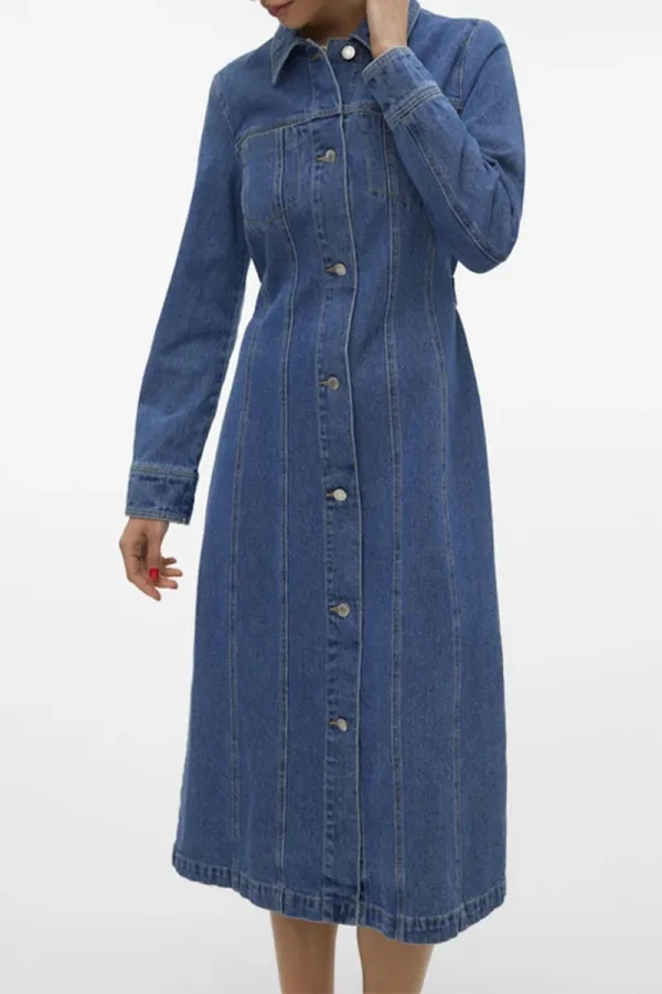 Denim Button Front Long Sleeve Dresses