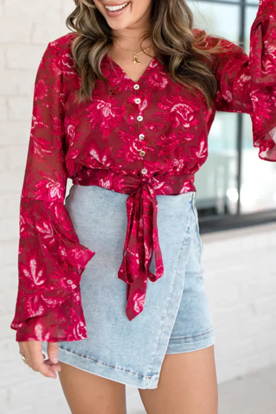 Berry Floral Bell Sleeve Tie Front Blouse