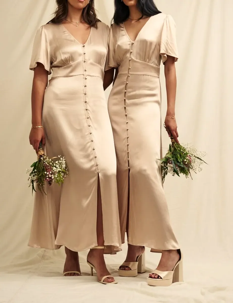 Champagne Satin Bridesmaid Maxi Dress