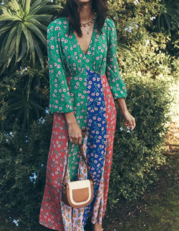 Multicolor Patchwork Long - Sleeve Tea Dress