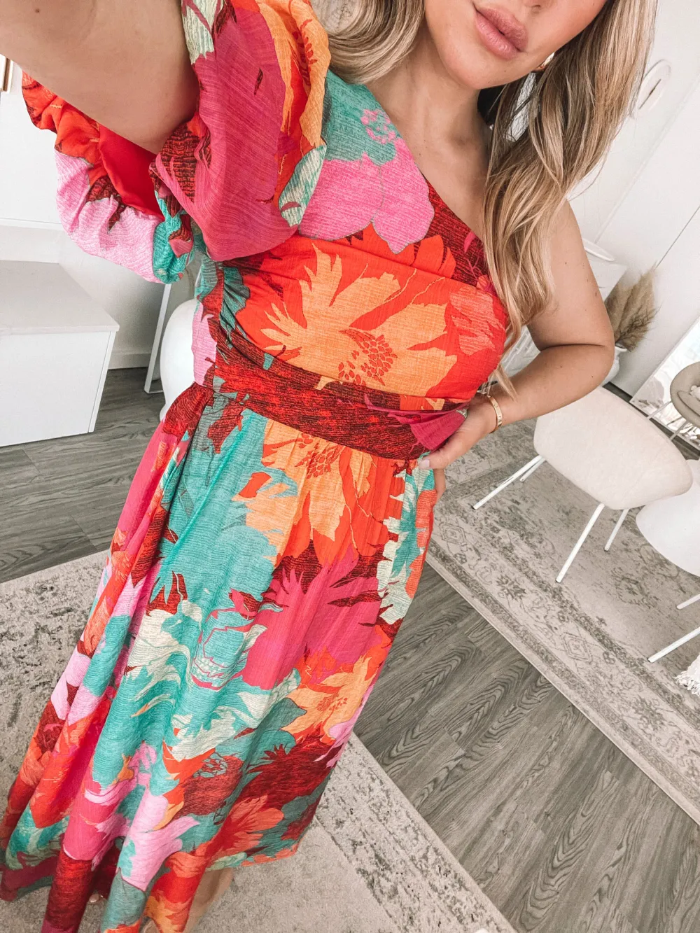 One Shoulder Neckline Pink Floral Dress