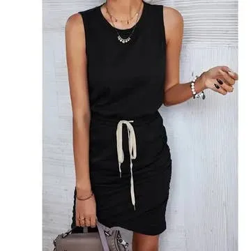 Drawstring Waist Ruched Sleeveless Mid Dress