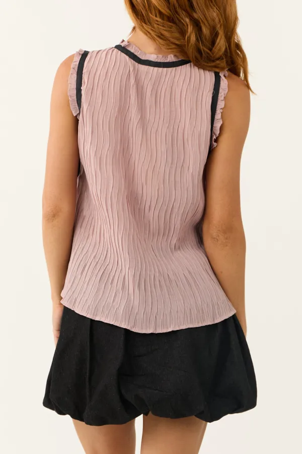 Mauve Contrast Bows Plisse Sleeveless Top