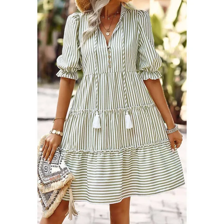 Stripe V-Neck Button Puff Sleeves High-Waist Dress
