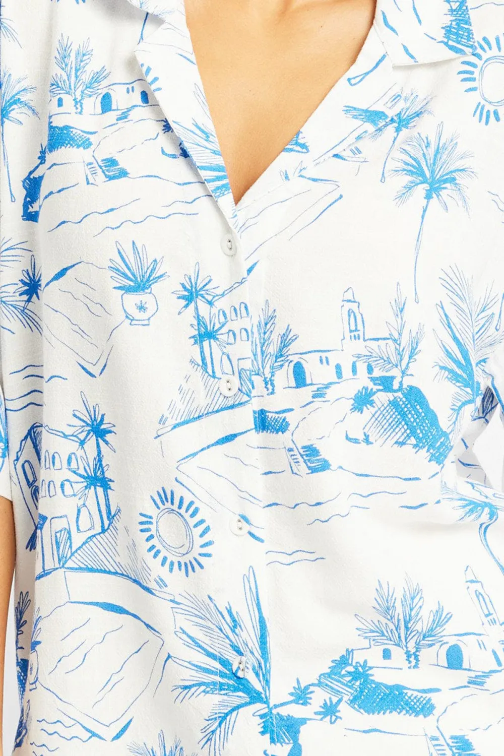 Blue Abstract Relaxed Shirt Short Sleeve Linen Blend