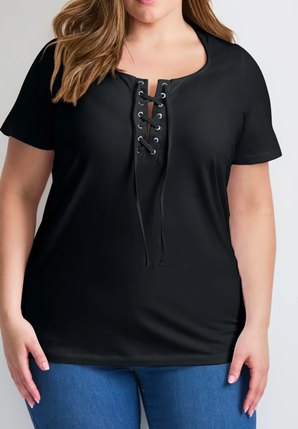 Solid Color Drawstring Front Placket T-Shirt