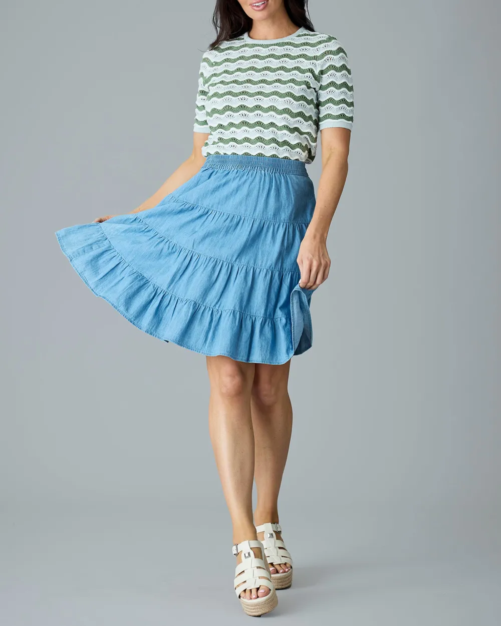 Light Blue Tiered Midi Skirt