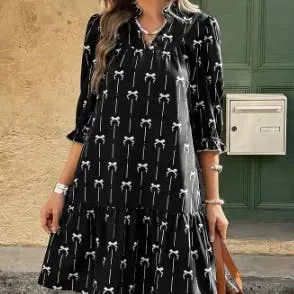 A Line Bow Ruffle V-Neck Loose Fitted Dress
