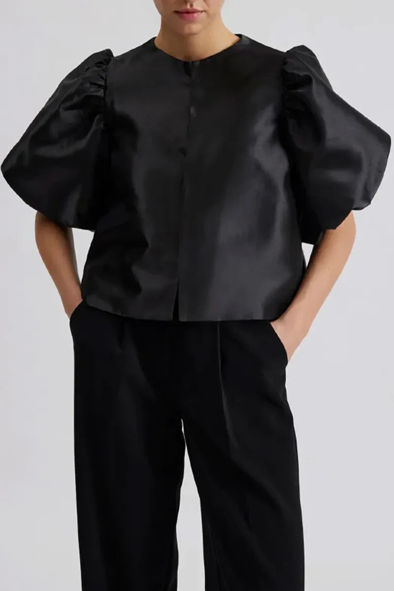 Black Pouf Sleeve Crew Neck Blouses