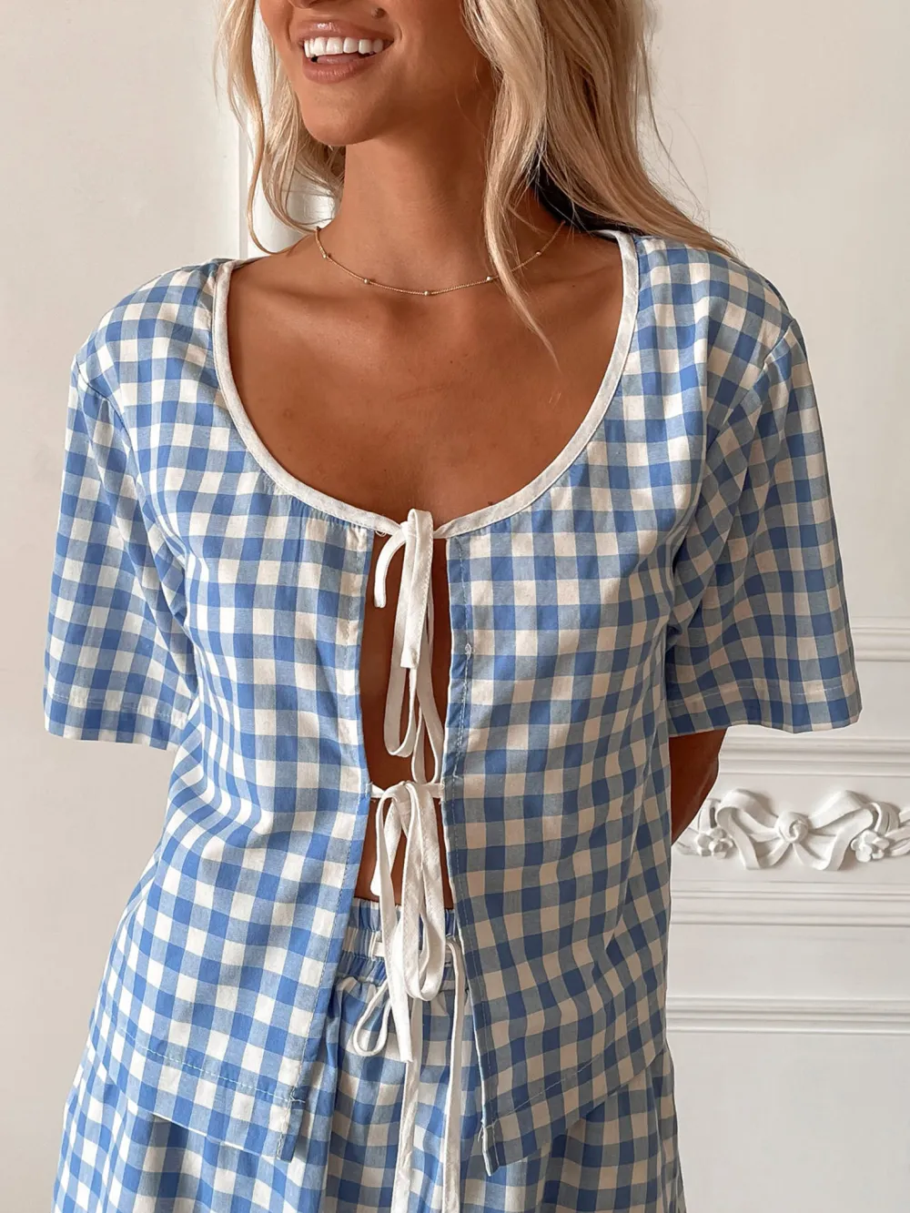 Blue Short Sleeve Plaid Top