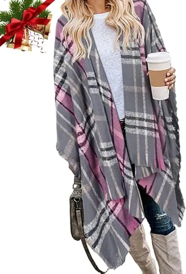 🎁Christmas Gifts🎁Women's Warm Plaid Poncho - Boho Open Front Shawl Wrap with Tassel