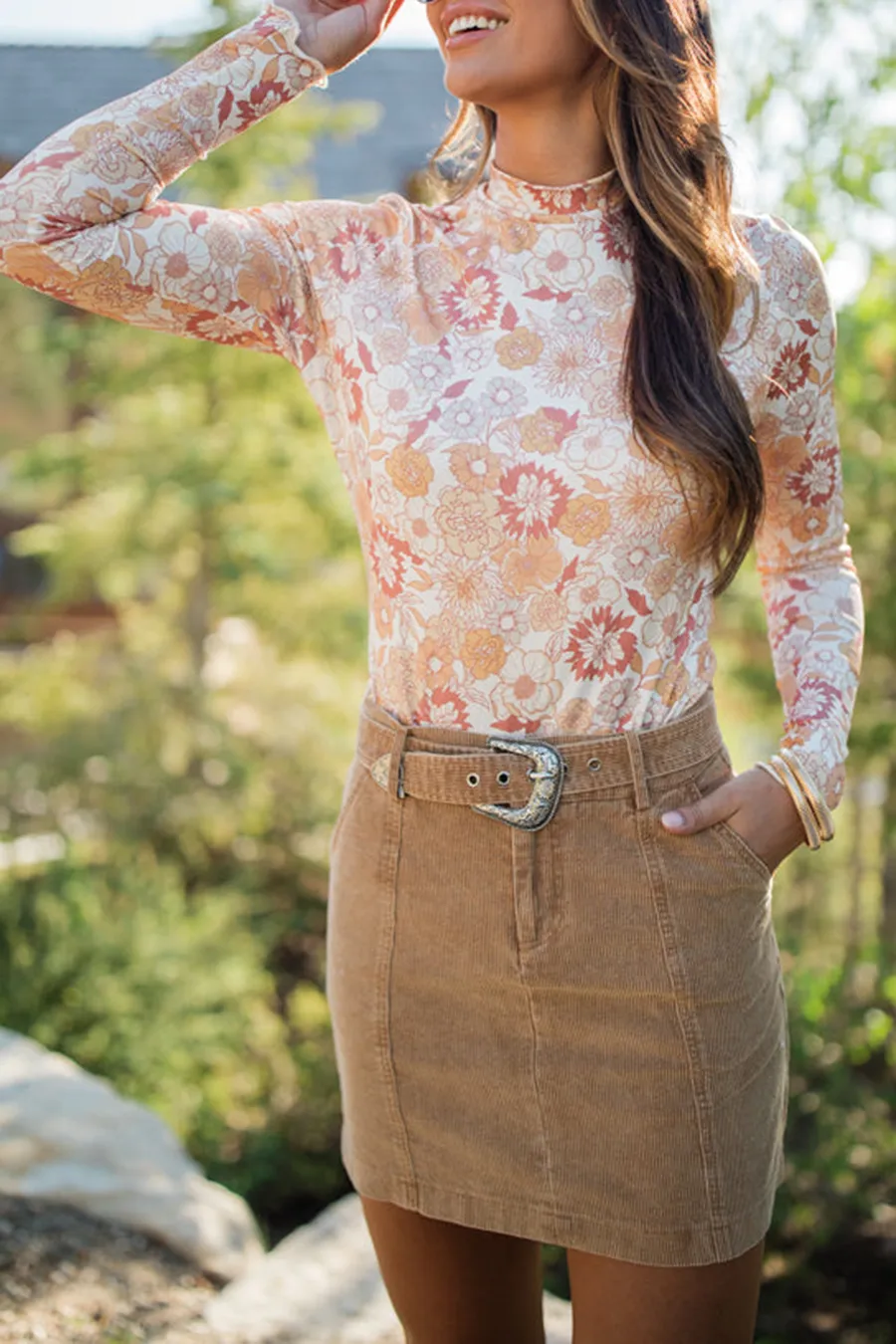 Rust And Mustard Floral Print Mock Neck Bodysuit