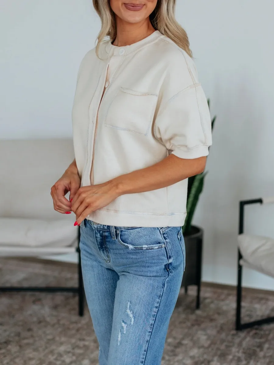 Pocketed Short Puff Sleeve Cardigan