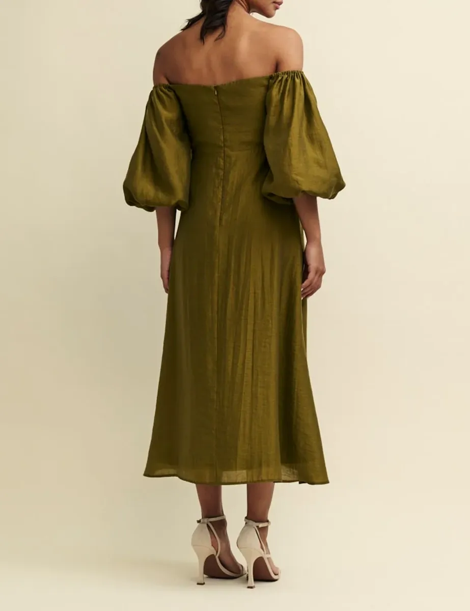 Olive Green Satin Puff Sleeve Maxi Dress