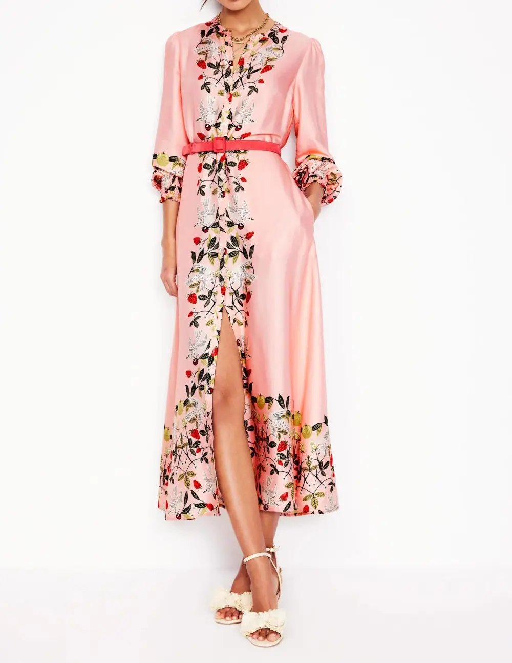 Pink Floral Collarless Shirt Dress
