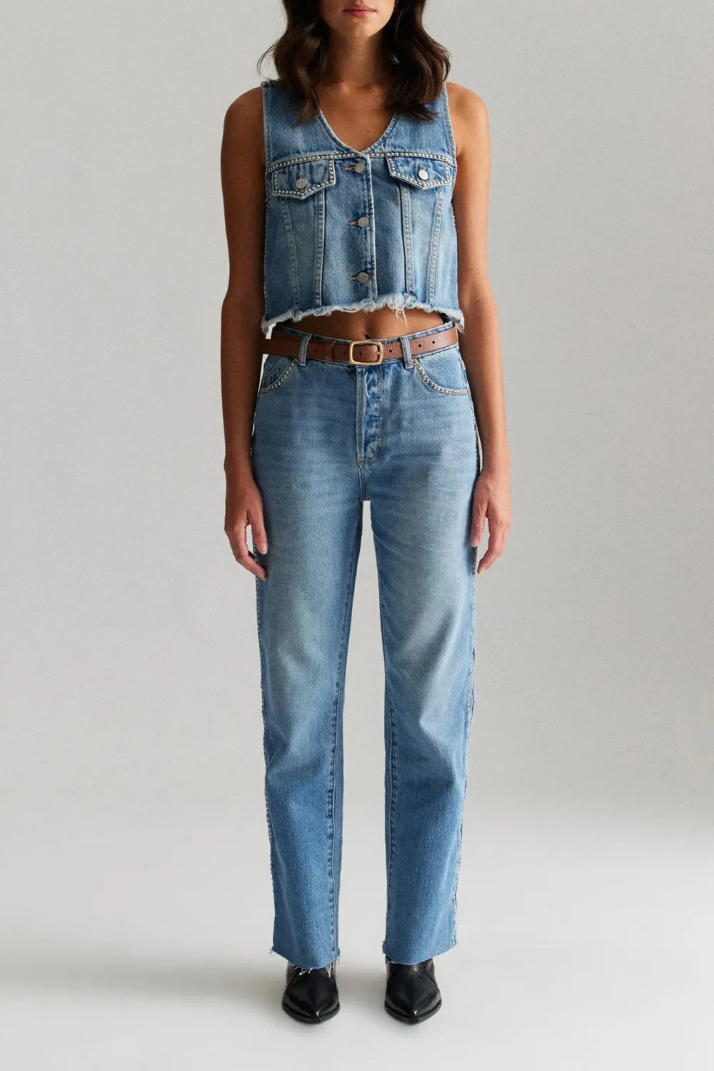 Blue Fashionable Frayed Denim Studs Tank Tops