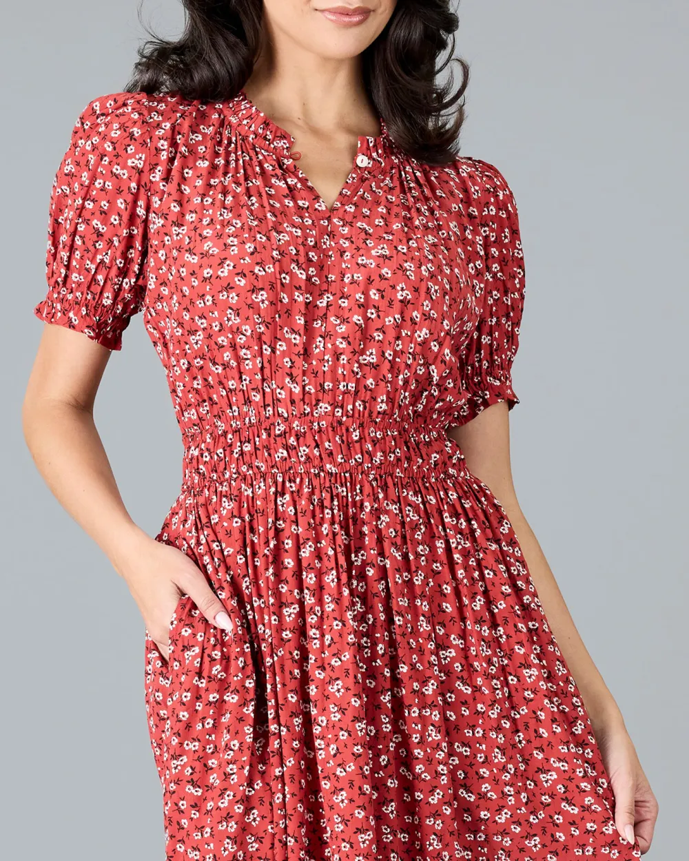 Red Mini Floral Print Midi Dress