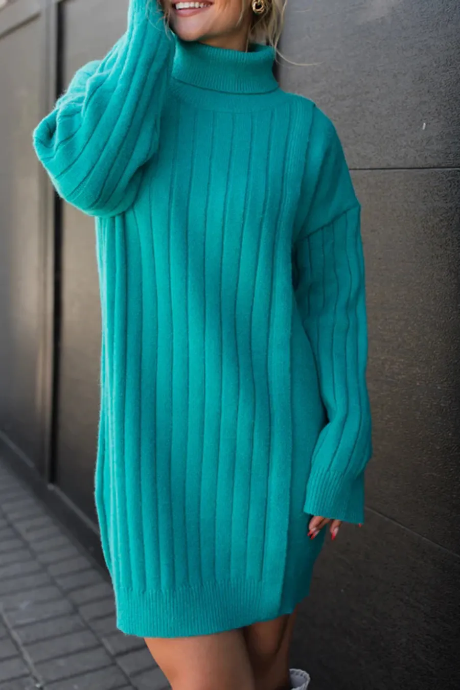 Teal Turtleneck Sweater Dress