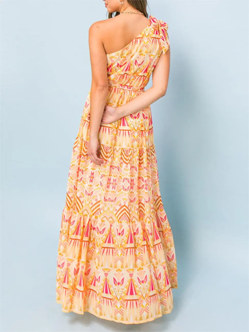 Peach - Colored One - Shoulder Maxi Dress