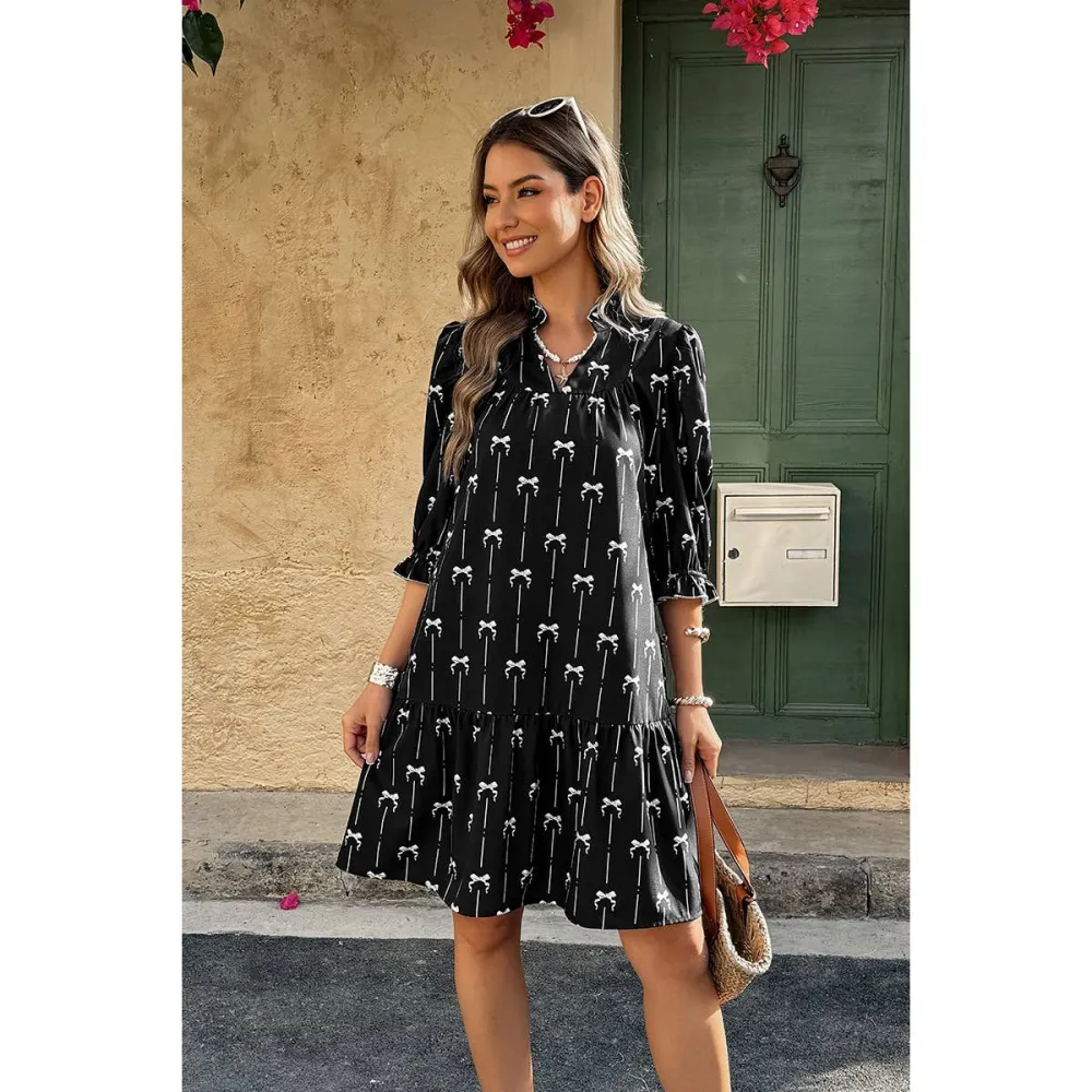 A Line Bow Ruffle V-Neck Loose Fitted Dress