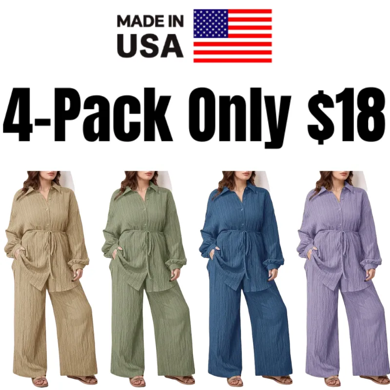 Women's Plus Size Plain Button-Up 2pc Set