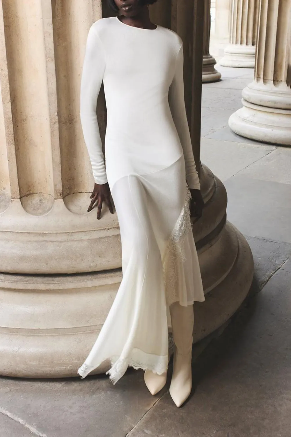 Viscose Blend Slinky Sheer Lace Detail Asymmetric Knit Midaxi Dress