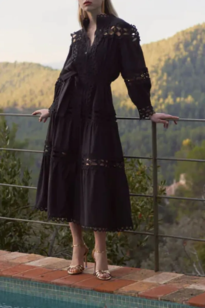 Lace Trimmed Long Sleeve Midi Dresses