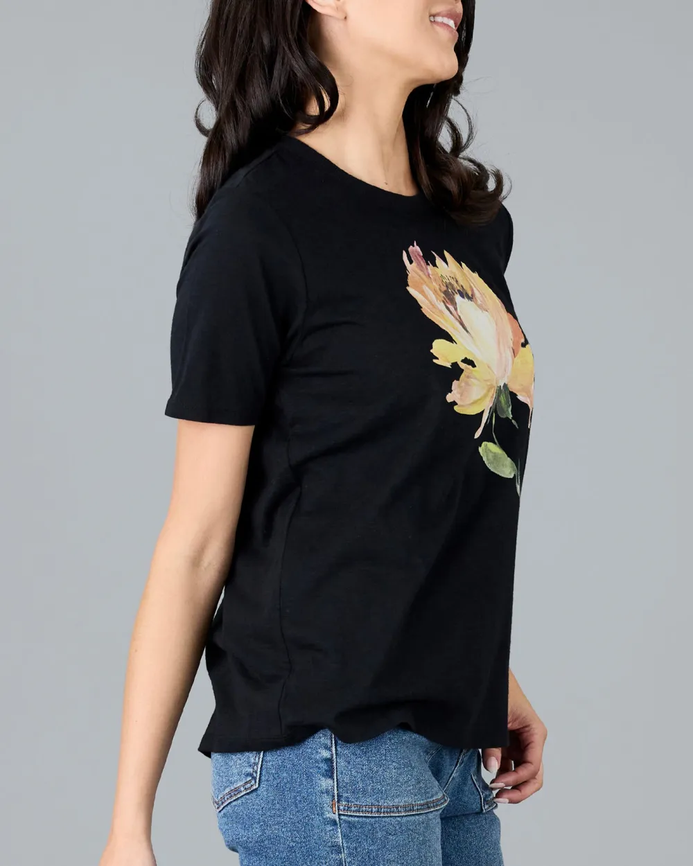 Black Graphic T-Shirt With Floral Print