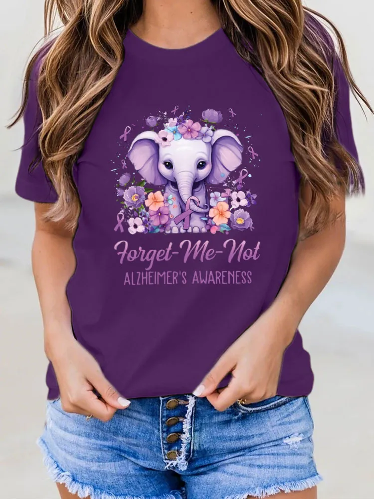 Women'S T-Shirt Forget Me Not Alzheimer'S Awareness Elephant Flower Print
