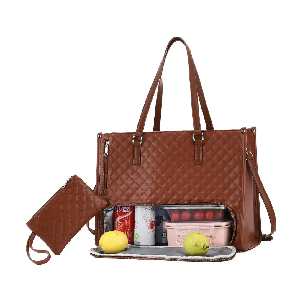 Roomy Faux Leather Quilted Lunch Tote Bag