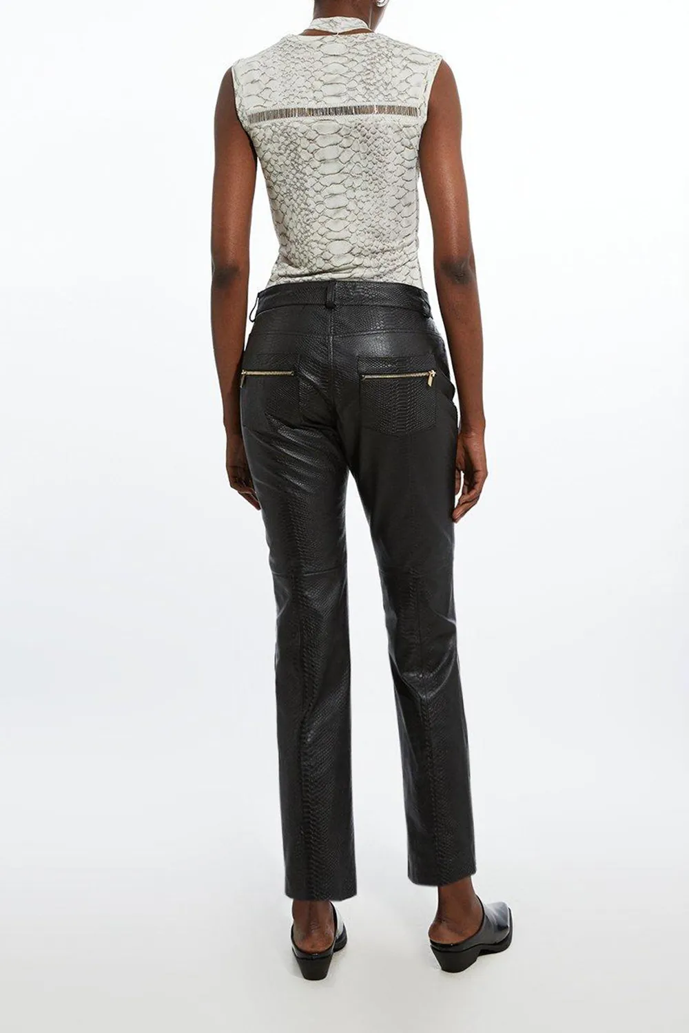 Snake Print Leather Slim Leg Low Rise Trousers