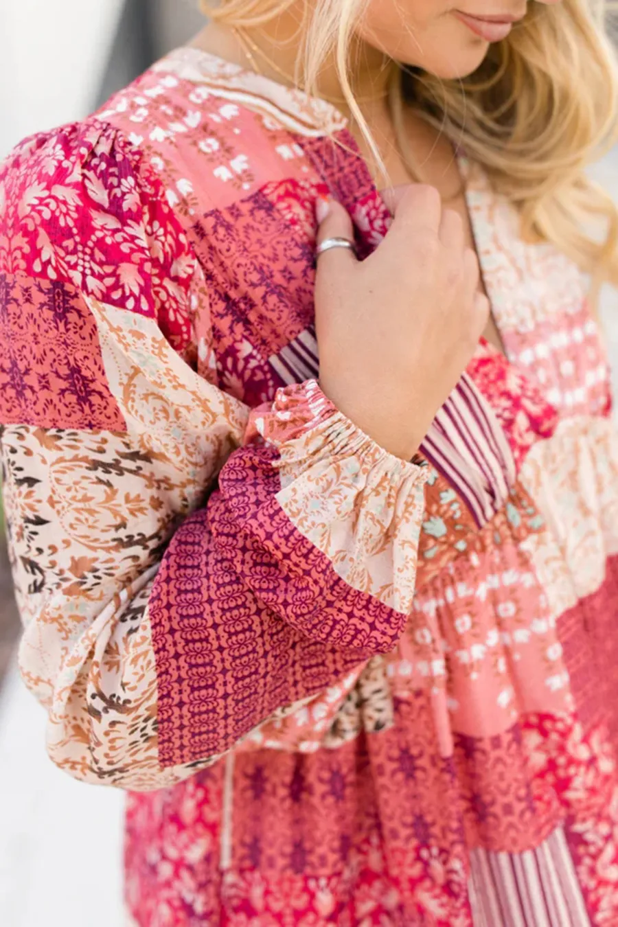 Patchwork Print Split V Baby Doll Dress