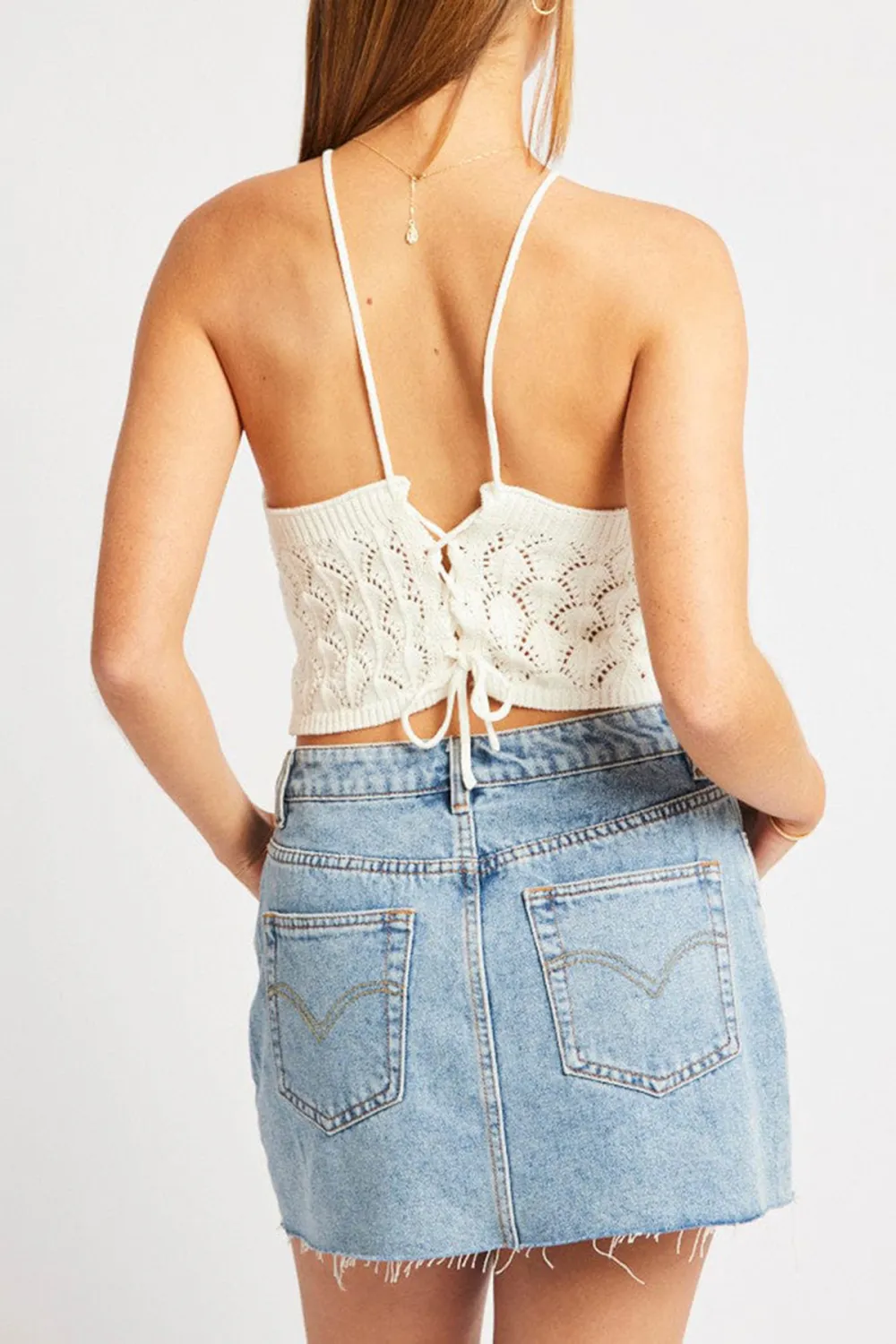 White Halter Neck Knit Top