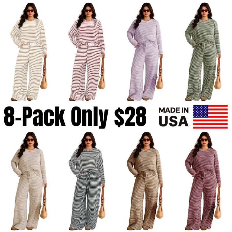 Women's Plus Size Loose Striped Long Sleeve 2pc Set