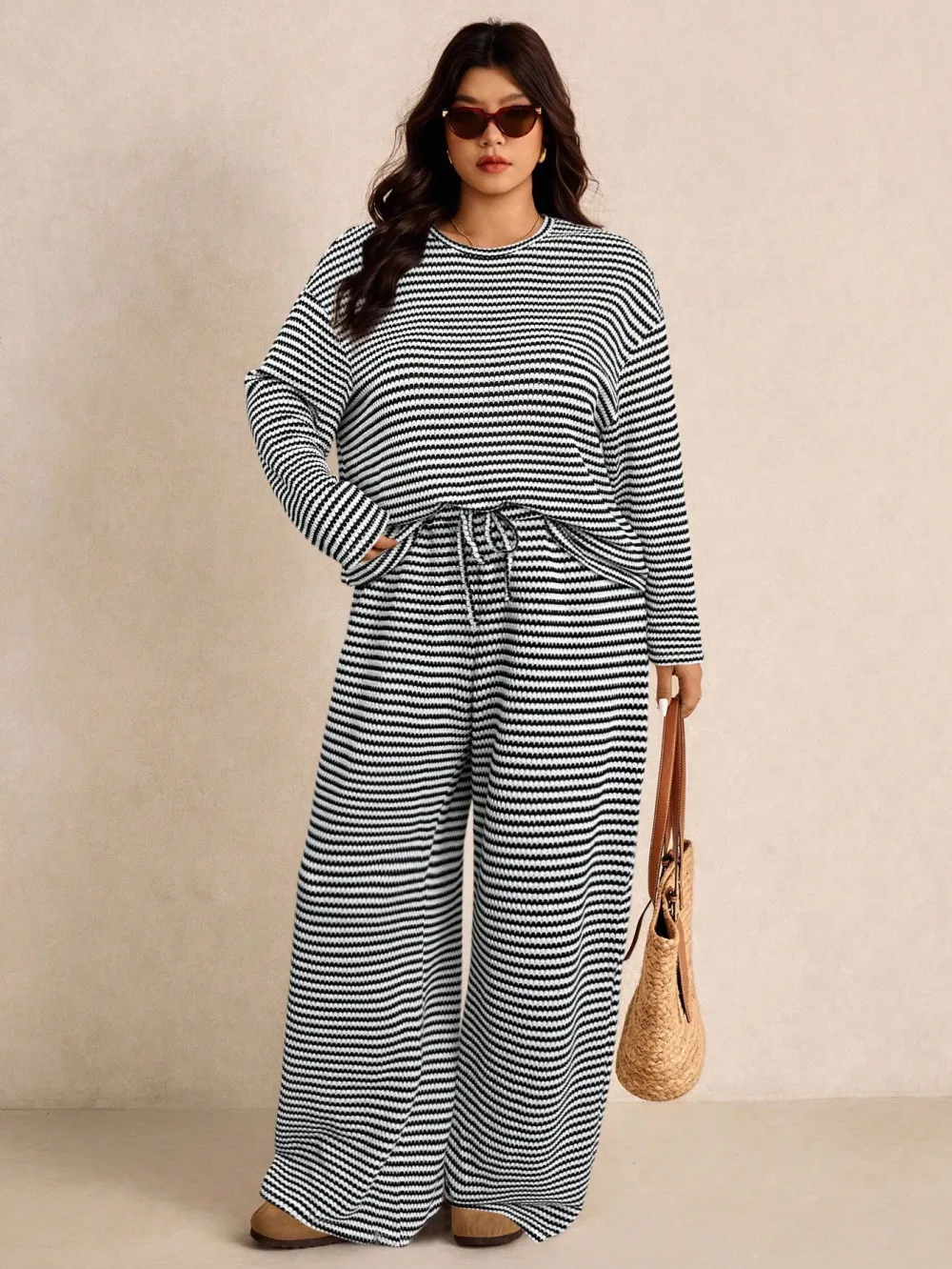 Women's Plus Size Loose Striped Long Sleeve 2pc Set