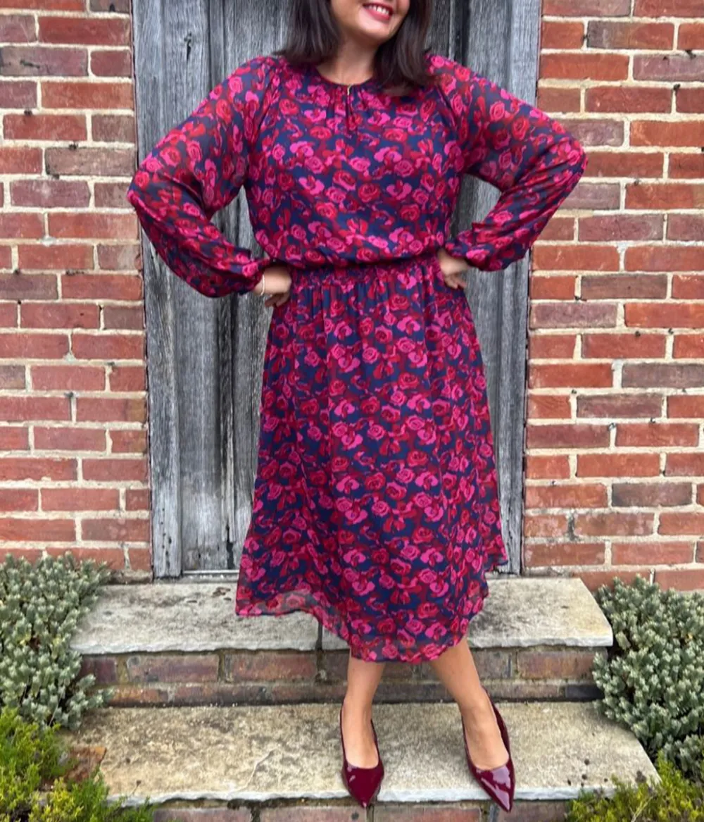 Pink Rose Print Midi Dress