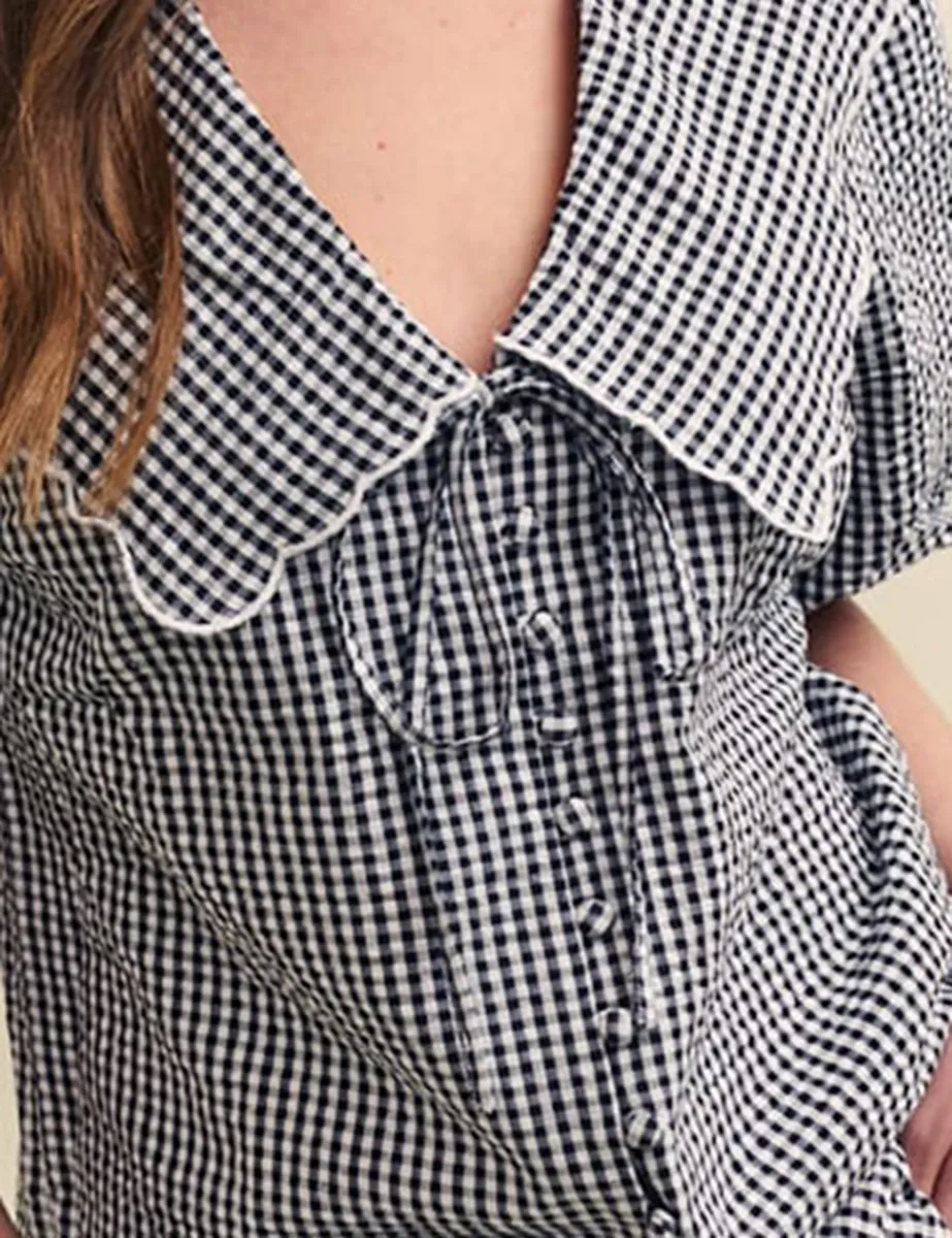 Black Gingham Pan Collar Short Sleeve Blouse