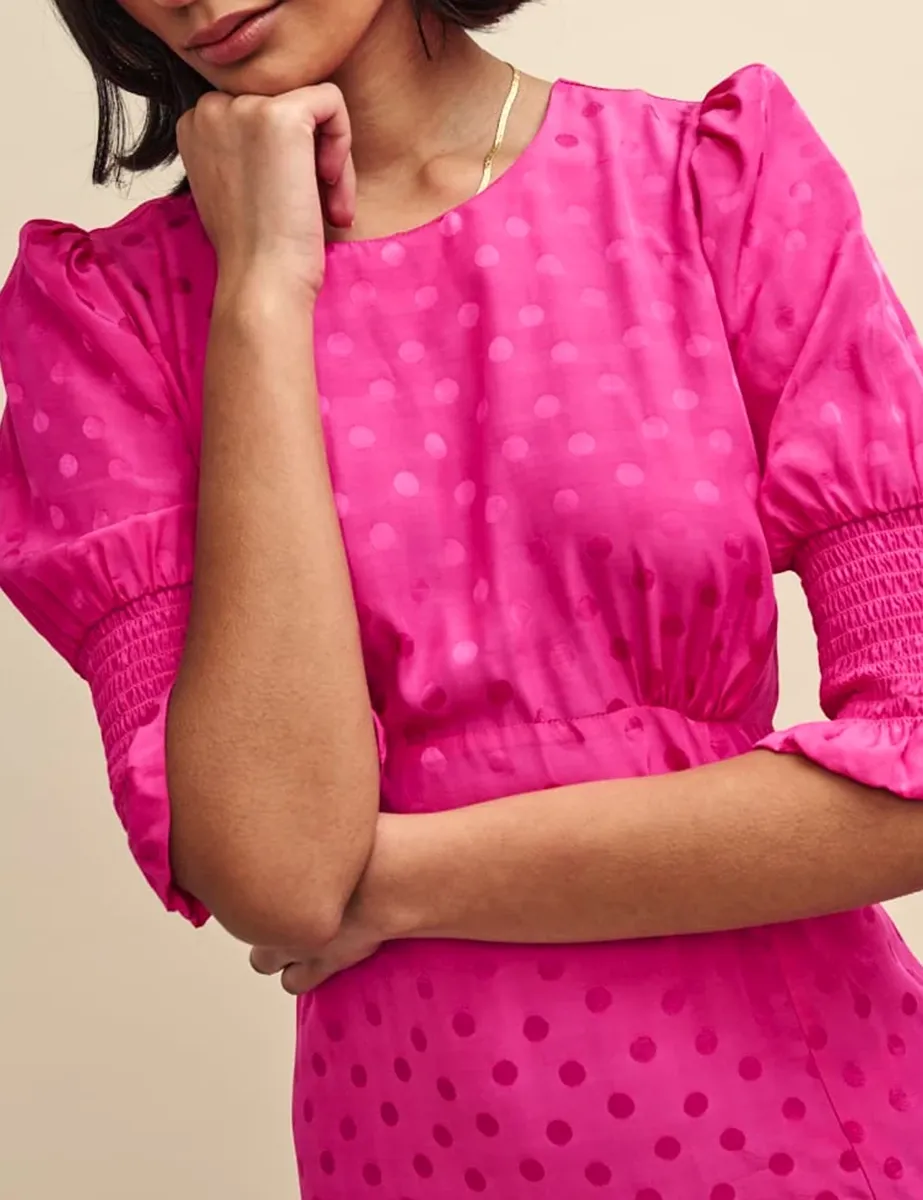 Pink Satin Jacquard Pattern Midi Dress