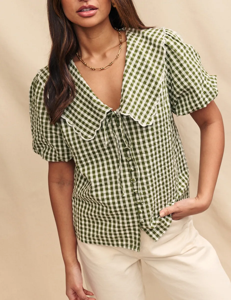 Green Gingham Puff Sleeve Blouse
