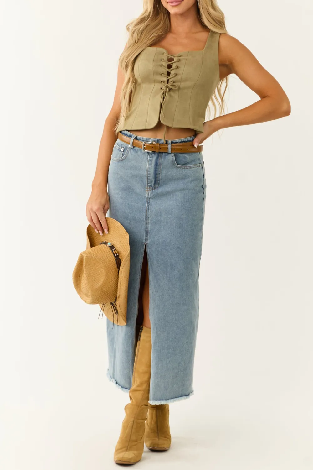 Faded Olive Princess Line Front Tie Cropped Top