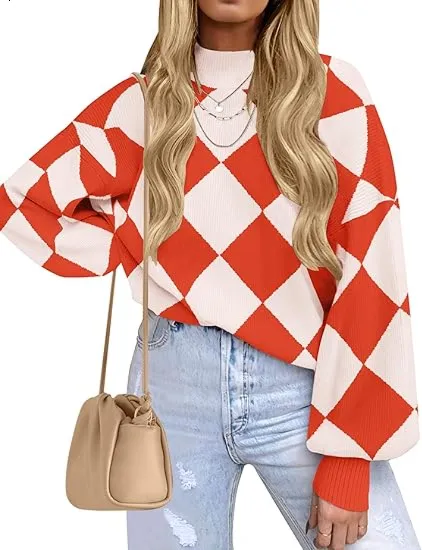 🎁Christmas Gifts🎁Fall Essential Warm Turtleneck Sweater - Plaid Ribbed Knit Loose Long Sleeve Pullover
