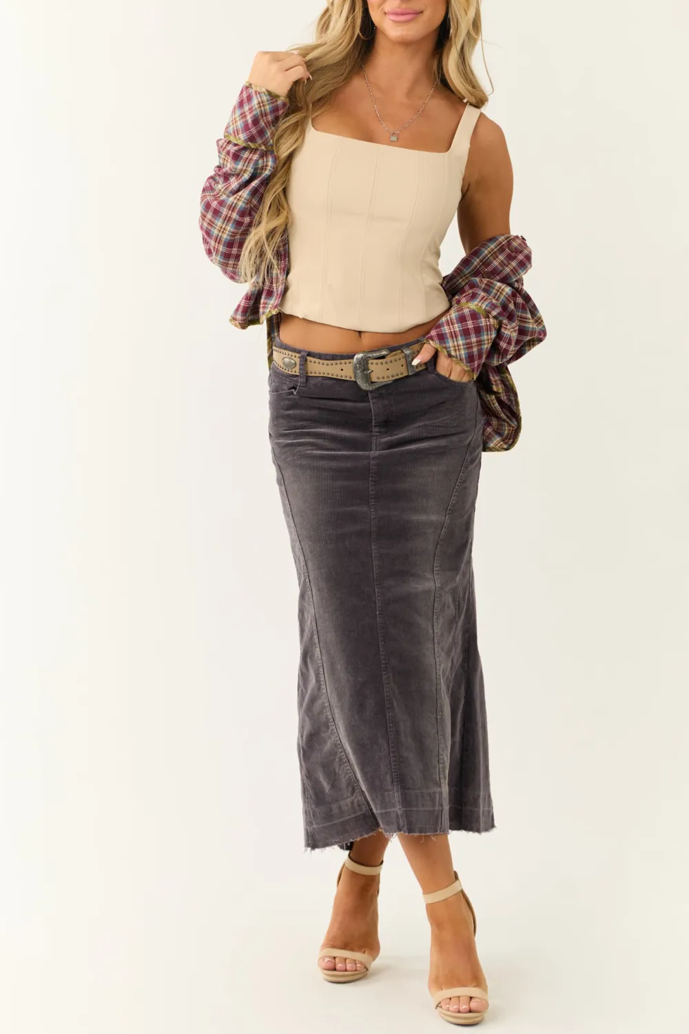 Quartz Corduroy Textured High Low Maxi Skirt